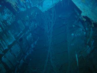Looking into inverted bow section. Note chain cable visible